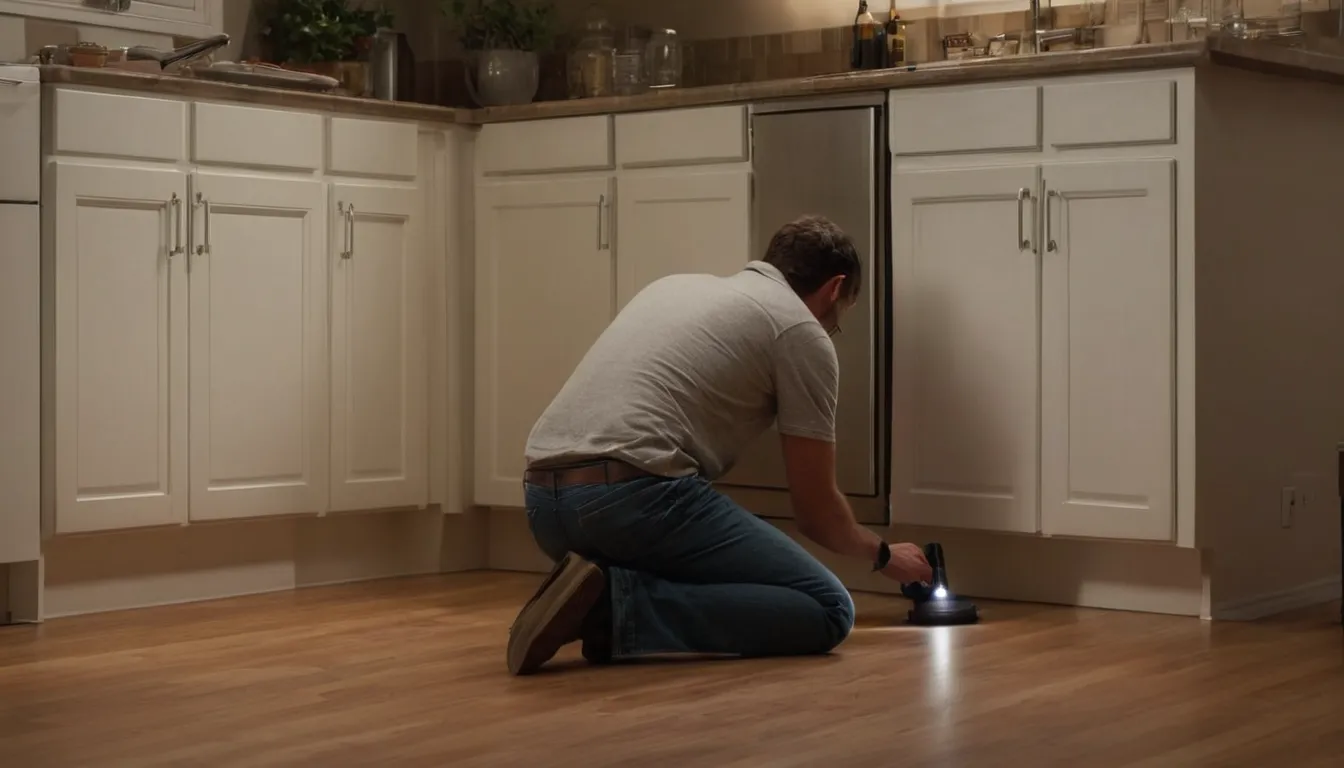 Provider inspecting a kitchen baseboard for ants in a Inglewood home