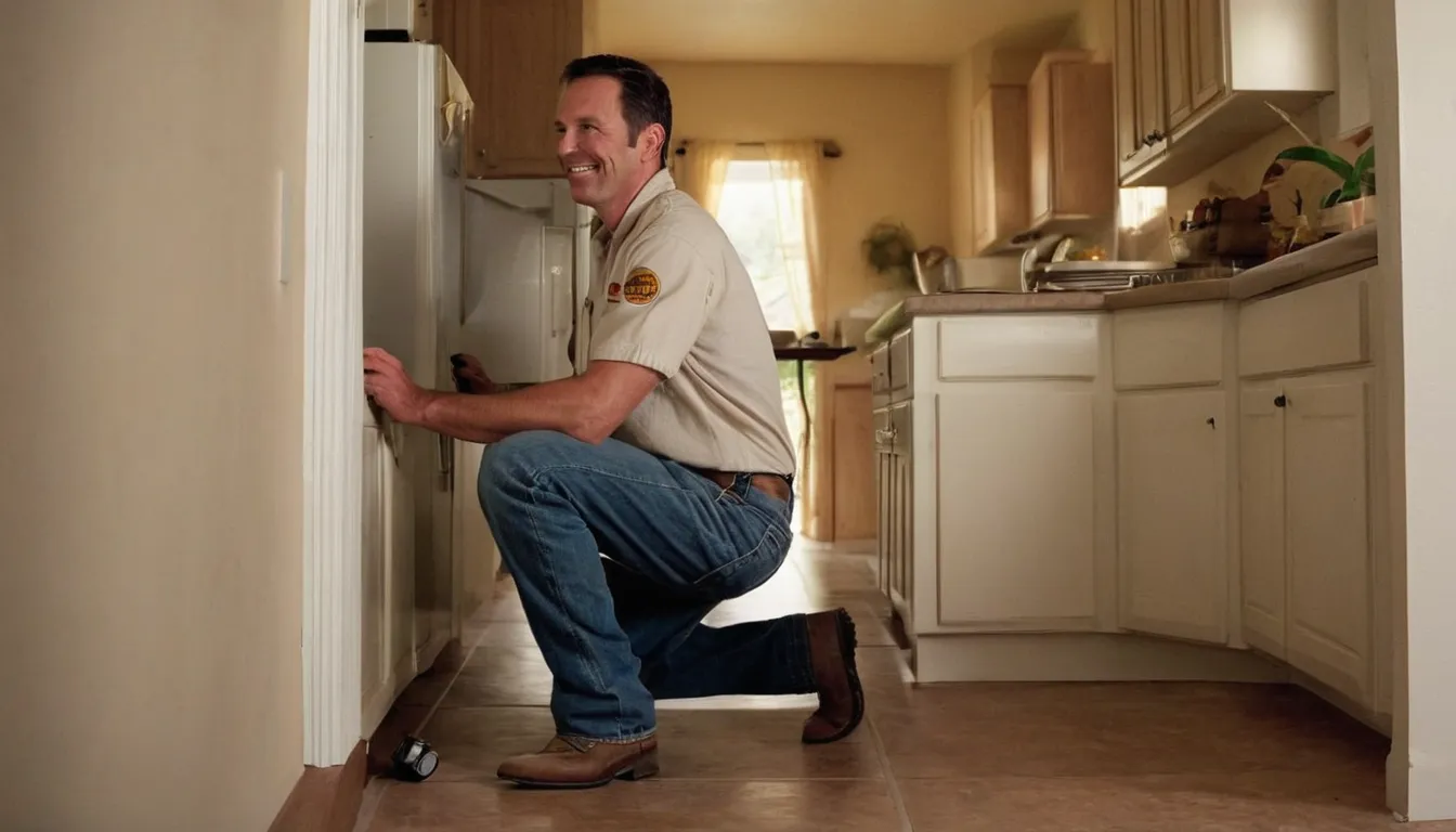 A friendly pest control provider inspecting the baseboards of a bright kitchen with a homeowner in a Inglewood home